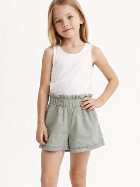 SHEIN Girls Olive Green Paperbag Waist Shorts Size 7 Cuffed Hem